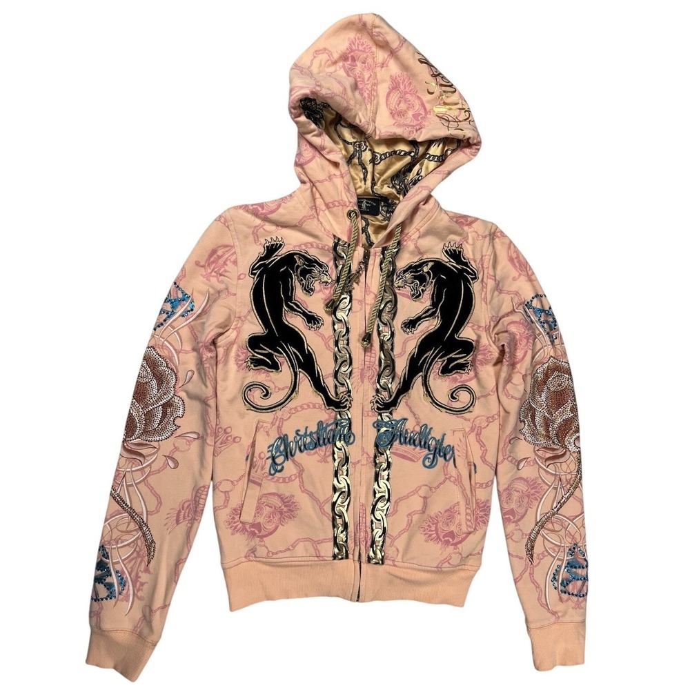 VTG Christian Audigier Women's Embellished Peach Double Panther Zip-Up Hoodie XS